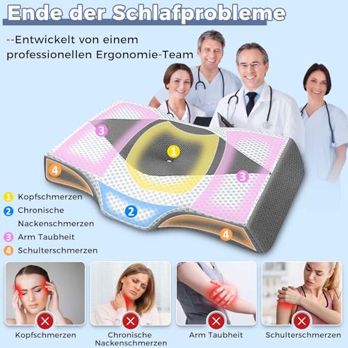 Hypuno Orthopädisches Memory Foam Kopfkissen Nackenstützkissen Gegen Nacken-& Schulterschmerzen mit 2 Höhen & Waschbarem Bezug, Grau–Ergonomisches Schlaf-& Komfortkissen für Seiten- & Rückenschläfer