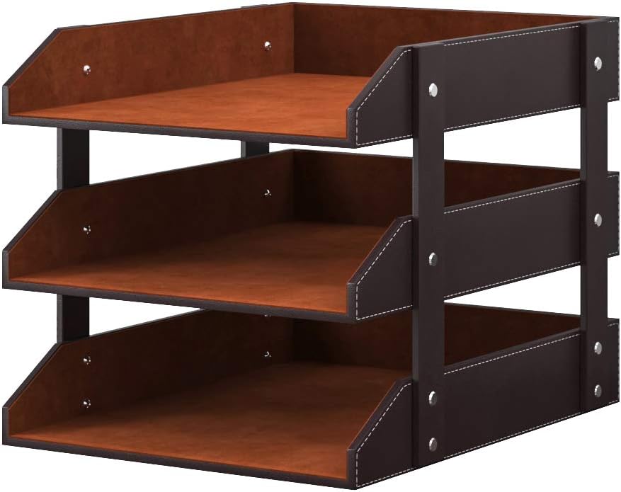 Leather Desk Organizer, VOYUTHY 3-Tier Stackable Desk Paper Tray for Files and Documents, Perfect Leather Letter Holder for Office (Brown)
