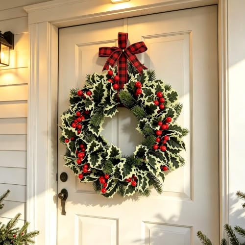 13.78in Christmas Wreath with Berries Plaid Bow for Front Door Wall - image 3