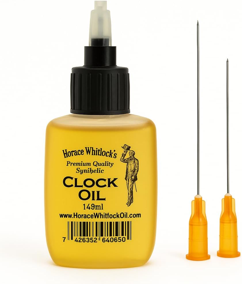 Clock Oil for Mechanical Clocks โ Premium Synthetic Formula with Dual Precision Needle Applicator โ Horace Whitlock โ Wonโt Gum or Run โ 15ml Bottle
