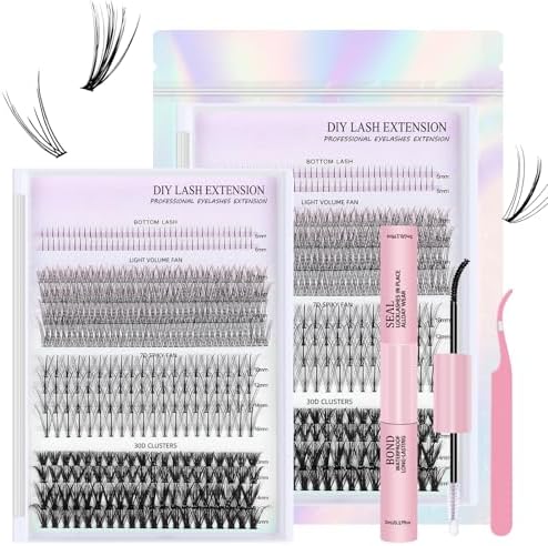 Kit de extensión de pestañas DIY 4 estilos, Pestañas Postizas Cluster Lashes 400 grupos, 0,07 D, grupo de pestañas postizas de 5-16 mm con adhesivo y sellador de pestañas