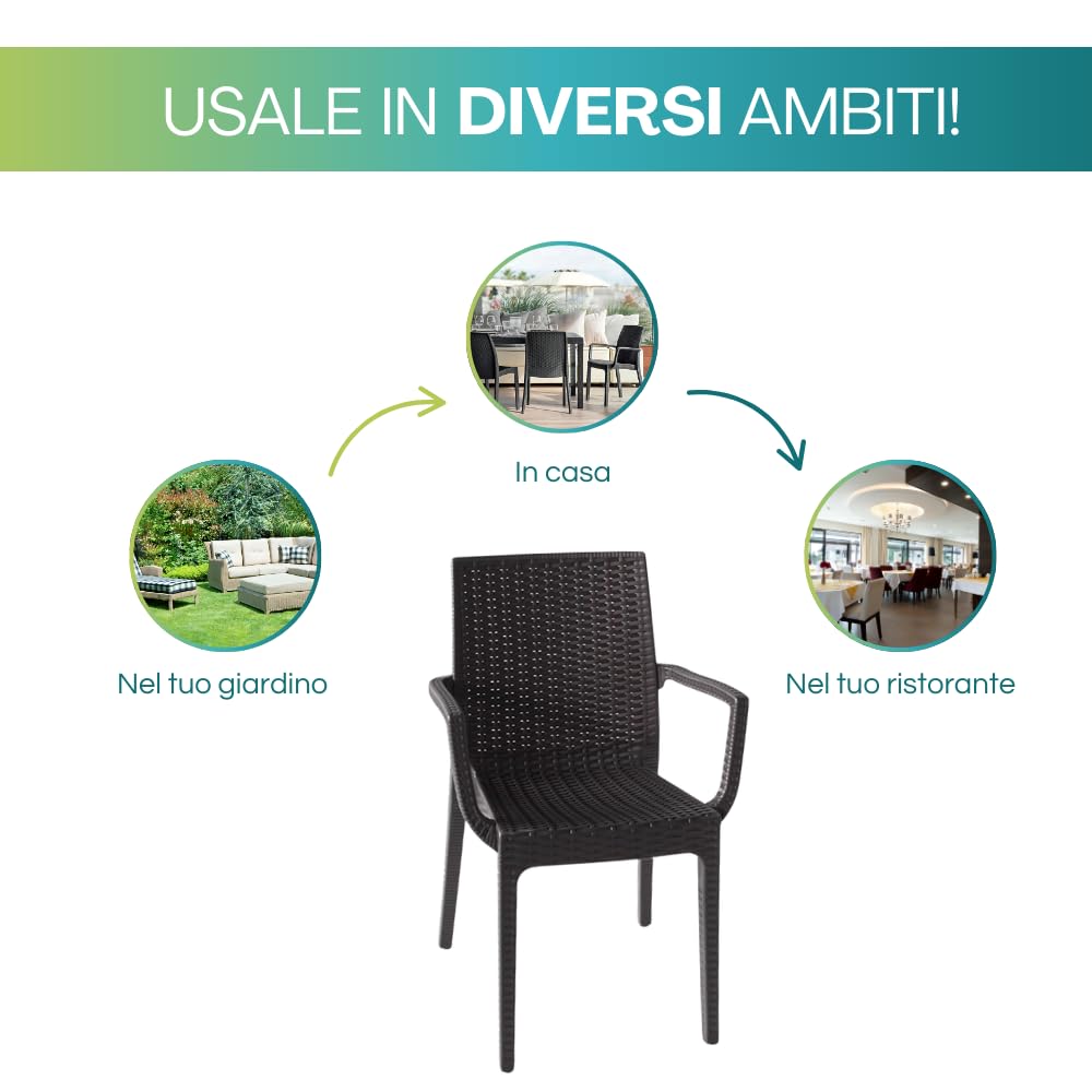 PALUPLUS Set 4 Sedie da Giardino con Braccioli in Polipropilene effetto Rattan ANTRACITE 56x46x81 cm Sedia Impilabile per Esterno ed Interno Made in Italy