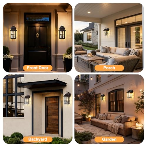 Image of OKELI 2-Pack Dusk to Dawn Exterior Lighting Fixture, Farmhouse Outdoor Wall Lights with Ripple Glass, Aluminum Porch Light Wall Mount, Anti-Rust Outside Wall Sconce for House, Garage(Brown)
