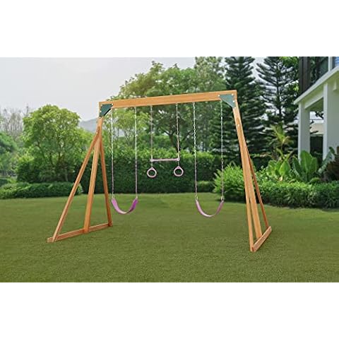 Trailside Cedar Wooden Backyard Swing Set | H: 87" L: 89" W: 120" | Pink Accessories | Incl. 2 Swings & 1 Trapeze | Kids Age 3-12 | DIY Assembly | Steel Hardware Wont Rust | ASTM Safety Standards Cover