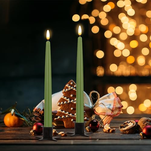 Image of CVHOMEDECO. Flameless Taper Candles with 10-Key Remote, Battery Operated Led Flickering 3D Wick Window Candles Real Wax Finished Home Christmas Party Decor 0.78 x 11 Inch, Pack of 2, Sage Green