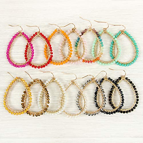 Bohemian Beaded Statement Earrings - Lightweight Sparkly Crystal Teardrop Dangle, Rainbow Marquise, Multi Color Oval Drop, Pearl Hoops (Beaded Hoop Teardrop - Pink) #TOP2