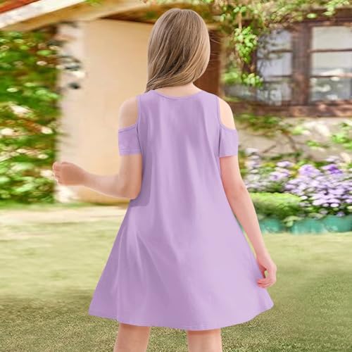Girls Summer Dress Short Sleeve Cold Shoulder Solid Color Swing Casual Dresses, Ages 4-143