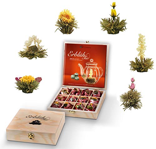 Creano thee bloemen geschenkstel in houten theekist, 12 bloeiende thee voorjaarsoogst in 6 soorten witte thee
