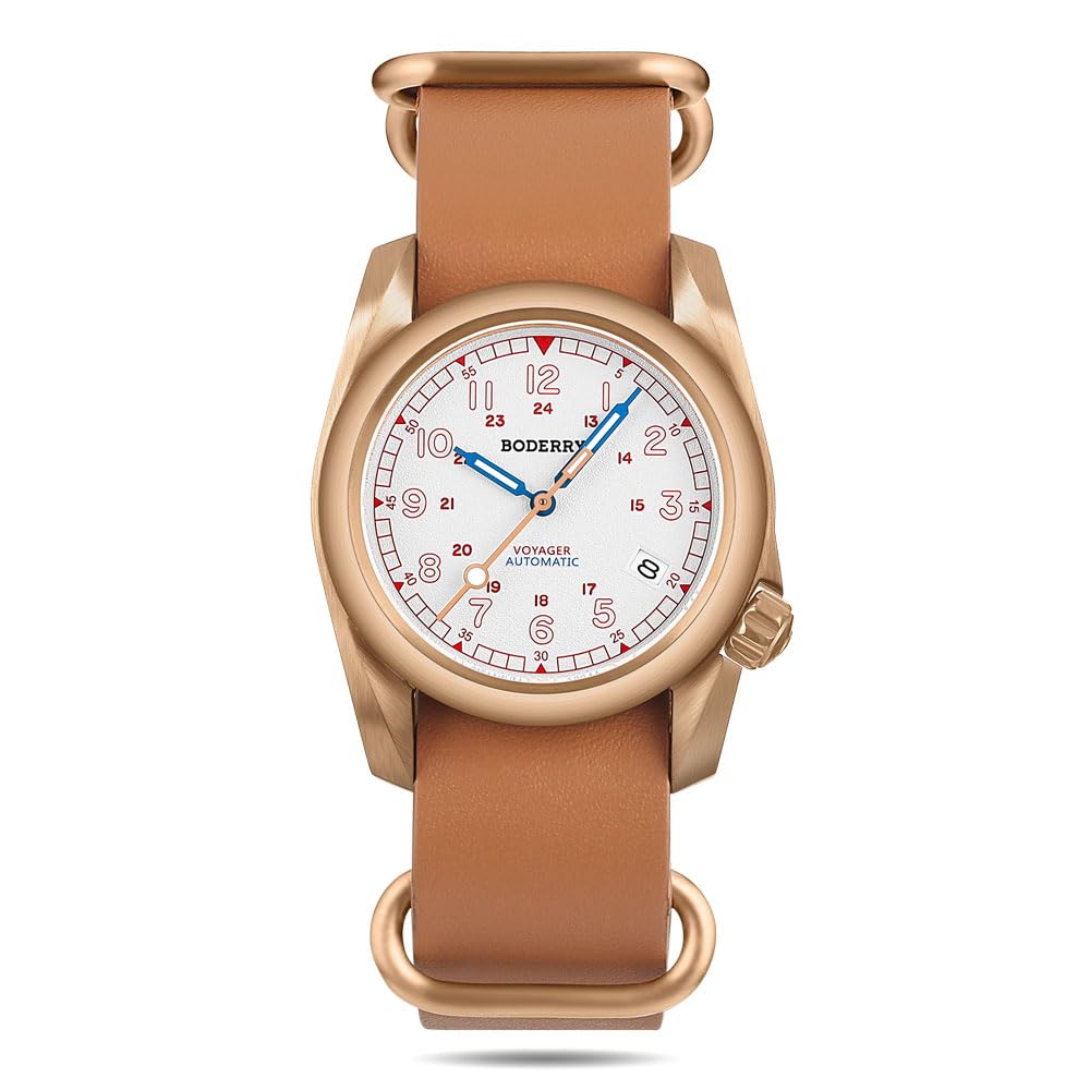 BODERRYMen's Watch Bronze Automatic Field Watch 40mm Military Watch Date Function 100M Waterproof with Genuine Leather Strap Japanese Mechanical Movement & Screw Down Crown—Voyager