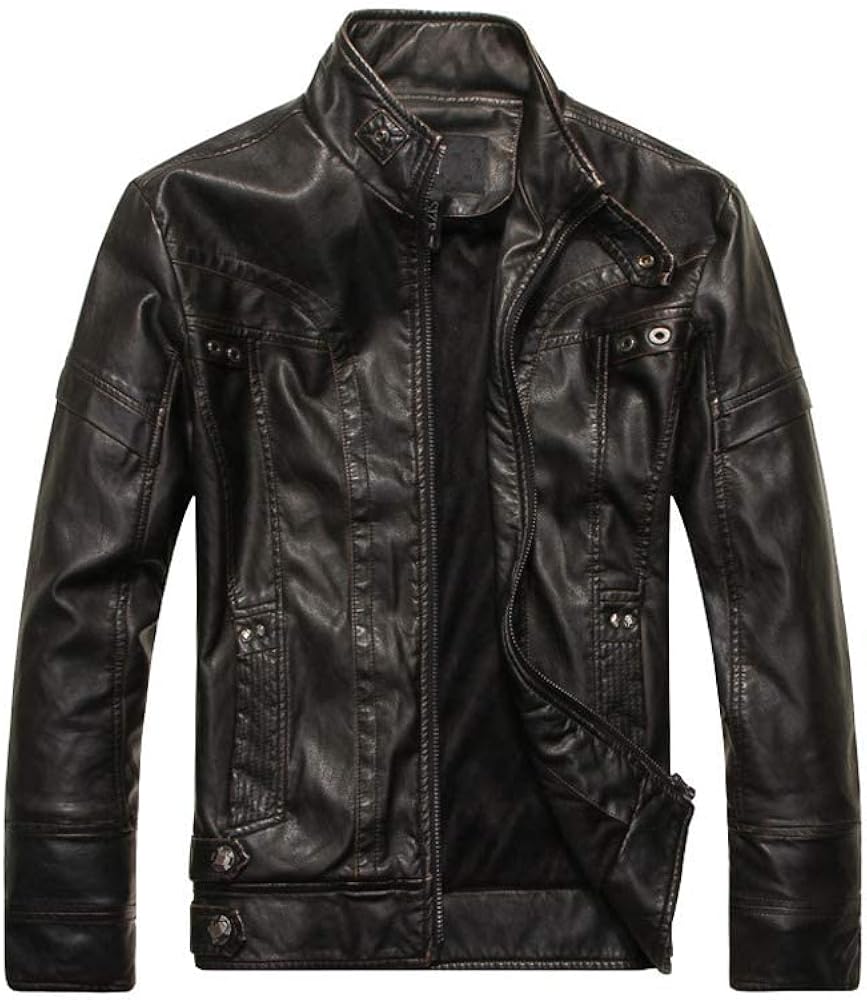 PASOK Men's Faux Leather Jacket Vintage Stand Collar Motorcycle PU