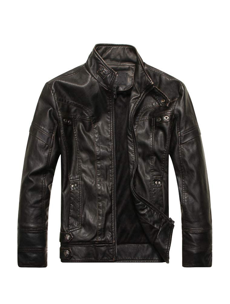 PASOK Men's Faux Leather Jacket Vintage Stand Collar Motorcycle PU Leather Outwear Coat