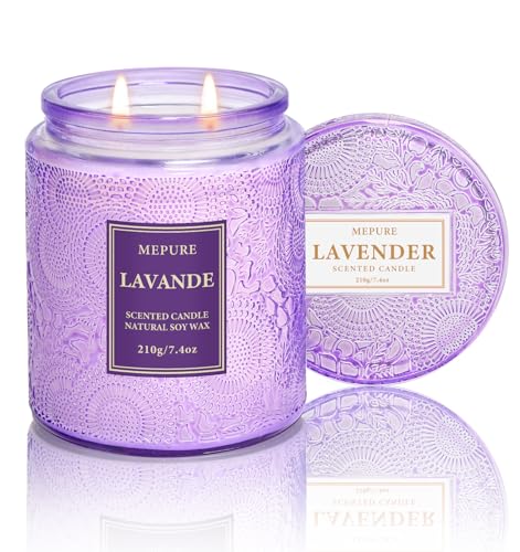 Bougie Parfumée Lavande Bois en Cire de Soja, 210 g, Coulée à la Main, Double Mèche en Coton, Senteur Apaisante et Naturelle, Pot en Verre Violet, Cadeau...