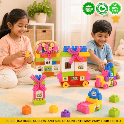 Image of Zest 4 Toyz Building Blocks for Kids 58 Pieces | Colourful Construction Blocks with Wheels Windmill Doors Windows Booklet & Zipper Storage Bag | Creative Educational Toy for Boys and Girls