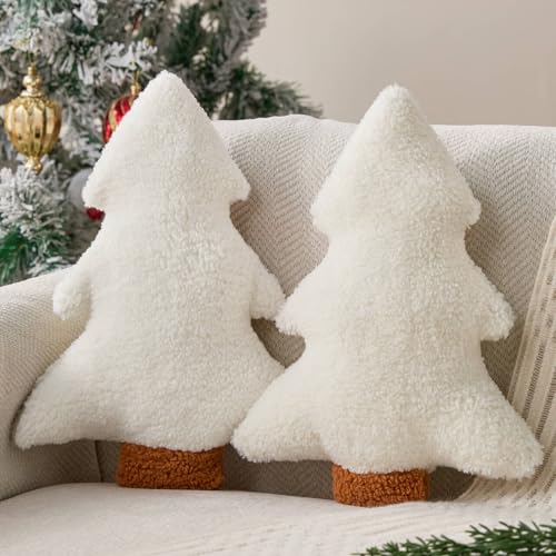 Image of Allorry Christmas Pillows Set of 2 White Christmas Tree Shaped Soft Plush Christmas Decor Pillow for Party Xmas Winter Holiday Home Sofa Cushion Cases WL-006E