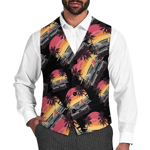Surf-Cars And Surfboard Men's Suit Vests Dress Vest V-Neck Waistcoat Slim Business Formal with Pocket