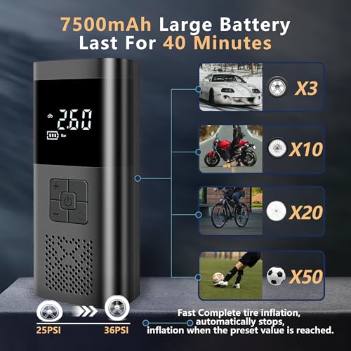 Image of Cordless Tire Inflator with 7500mAh Battery & 12V DC - 150 PSI Portable Air Compressor, Auto-Off, LED Display for Car, SUV, Truck, Motorcycle, Bike Tires