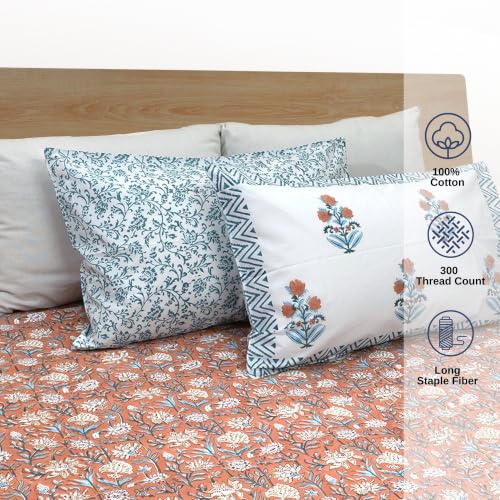 Image of TOAI Hand Block Printed Bedsheet | Bed Spread Flatsheet Bed Sheet | Pure Cotton | Queen Size 90 inchx108 inch | 300 TC Long Staple Cotton | 2 Reversible Pillow Covers |Floral Vines on Rust