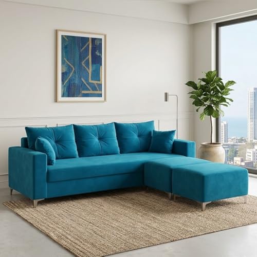 Image of Zora 5 Seater L Shape Sofa Set with 2 Movable Ottomans | Flexible Layout | Rich Velvet Suede Fabric | Silver Legs | Spacious Seating | Modern Sofa for Living Room (Aqua Blue)