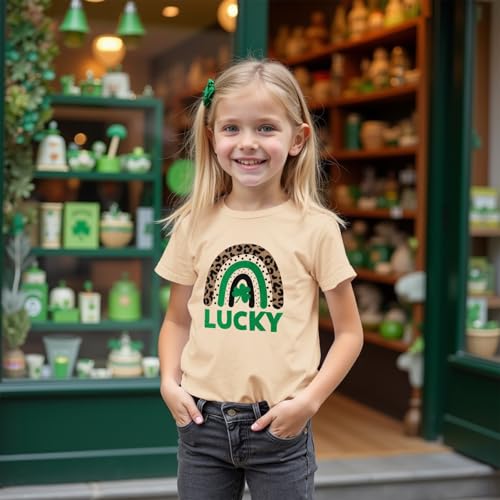 Image of MODNTOGA Kids Girl St Patricks Day Shirt Leopard Rainbow Graphic Tee Lucky Shamrock T-Shirt Green Clover Short Sleeve Tops