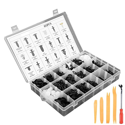 Ricoy 415 piezas + 5 piezas Herramienta de extracción de clips de retenedor de coche y kit de cierres de plástico - 18 tamaños de remaches de empuje automático - Juego de clips para panel de puerta para