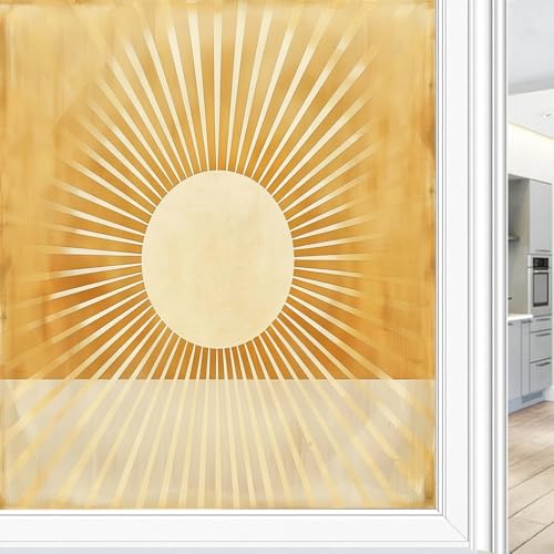 Lámina decorativa de vidrio esmerilado con diseño abstracto de sol para ventana, diseño de acuarela, efecto esmerilado, con control de calor, adhesivo estático, 90 x 140 cm