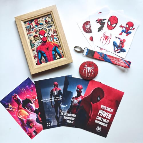 Image of TenorArts Spiderman Gift Box Merchandise for Fans - 5x7 Inches Laminated Photo Frame,1 Keychain, 1 Badge, 4 4x6 inches Posters, Multi sized Stickers - 5 items in 1 Box | Perfect for Gifting