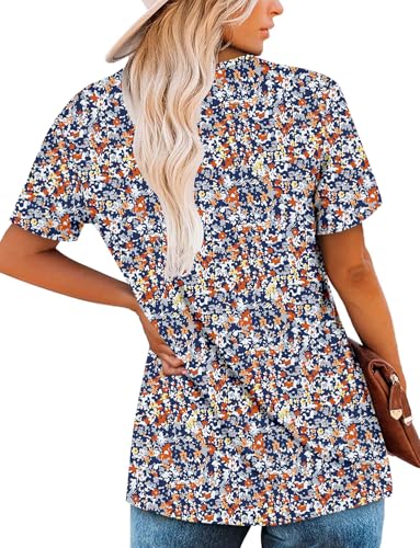 KISSMODA Tops for Womens Summer Cute Short Sleeve Shirts Trendy Notched Neck Blouses Casual Loose Pleated Tunics S-3Xl
