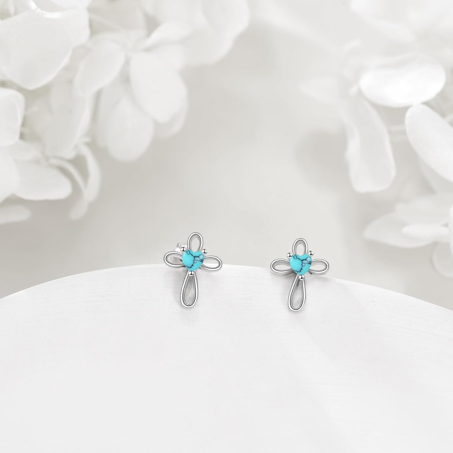 VONALA Cross Stud Earrings 925 Sterling Silver 12 Months Birthstone Heart Cross Earrings Christian Baptism Religious Jewelry Birthday Gift for Women