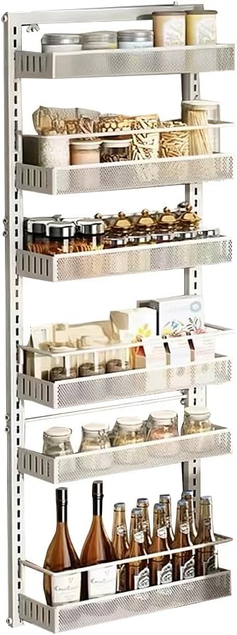 Adjustable Over The Door Organizer, 6-Tier Metal Hanging Door Organizer, Metal Hanging Spice Rack Shelves Door Wall Mounted Shelf for Pantry Laundry Organization and Storage