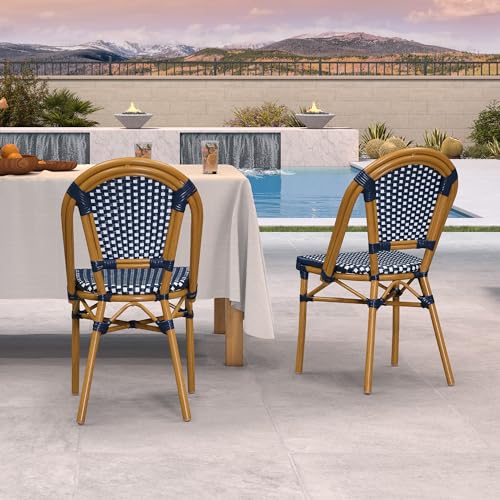 Image of PURPLE LEAF Patio Dining Chair Set of 2 Outdoor French Aluminium Frame in Champagne Finish with Navy Blue & White Woven Rattan for Indoor Kitchen Deck Bistros Cafe Restaurant