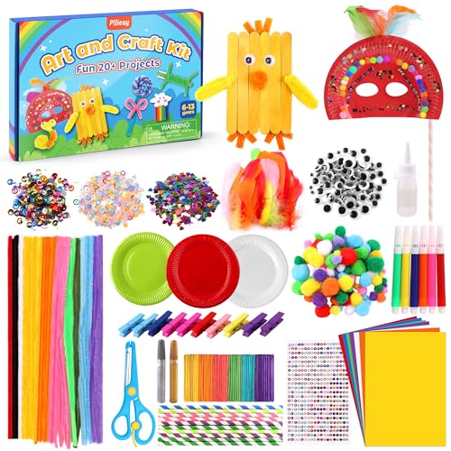 Pllieay 2000+ Arts and Crafts Supplies Kit for Kids DIY Craft Kits Kids Arts and Crafts Kit with Pipe Cleaners, Pom Poms, Feathers, Colored Paper,Gift for School Home Kids Age 4 5 6 7 8 9 Years+