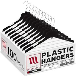 Mainetti 3328 Heavy Duty Black Plastic Hangers - 100 Pack with Standard Rotating Metal Hook, Great for Jackets/Coats/Outerwear, 17-Inch