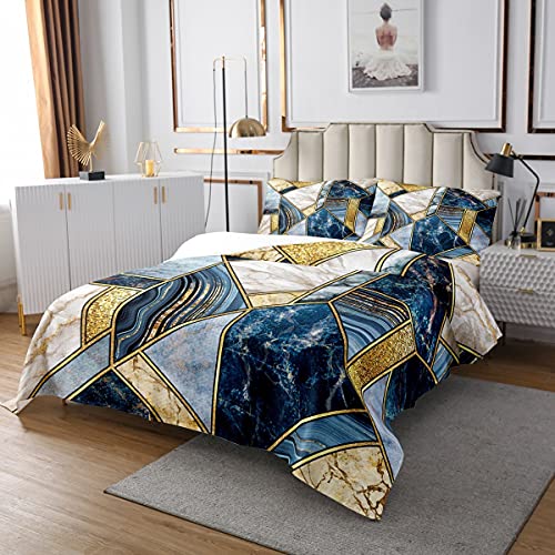 Marmorkorn Tagesdecke Geometrische Dreieck Tagesdecke für Kinder Jugendliche,Patchwork Stil Marmor Bettdecke Set Irisierende Tinte Flüssige Kunst Tagesdecke Marmor Wohnkultur 170x210 Goldblau