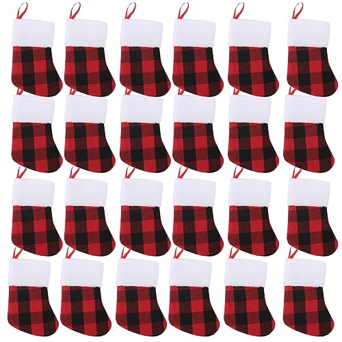 Mini Christmas Stockings 7 inch 24pcs, Buffalo Plaid Christmas Stockings, Christmas Hamging Ornaments