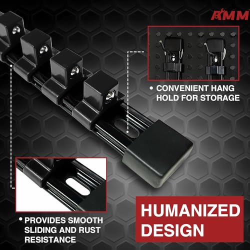 Image of AMM 9-Piece Socket Organizer, 1 /2 inch, 3 /8 inch and 1 /4 inch Drive ABS Tools-Black Socket Holder,Heavy Duty Socket Racks, Premium Quality Socket Clip Rail Holder,The best tool trays in the garage