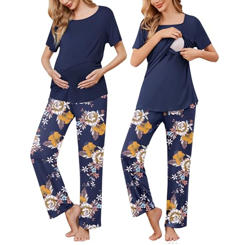 Image of Ekouaer Women's Nursing Pajamas Maternity Pajama Postpartum PJS Breastfeeding Short Sleeve Top & Pants Sets with Pockets