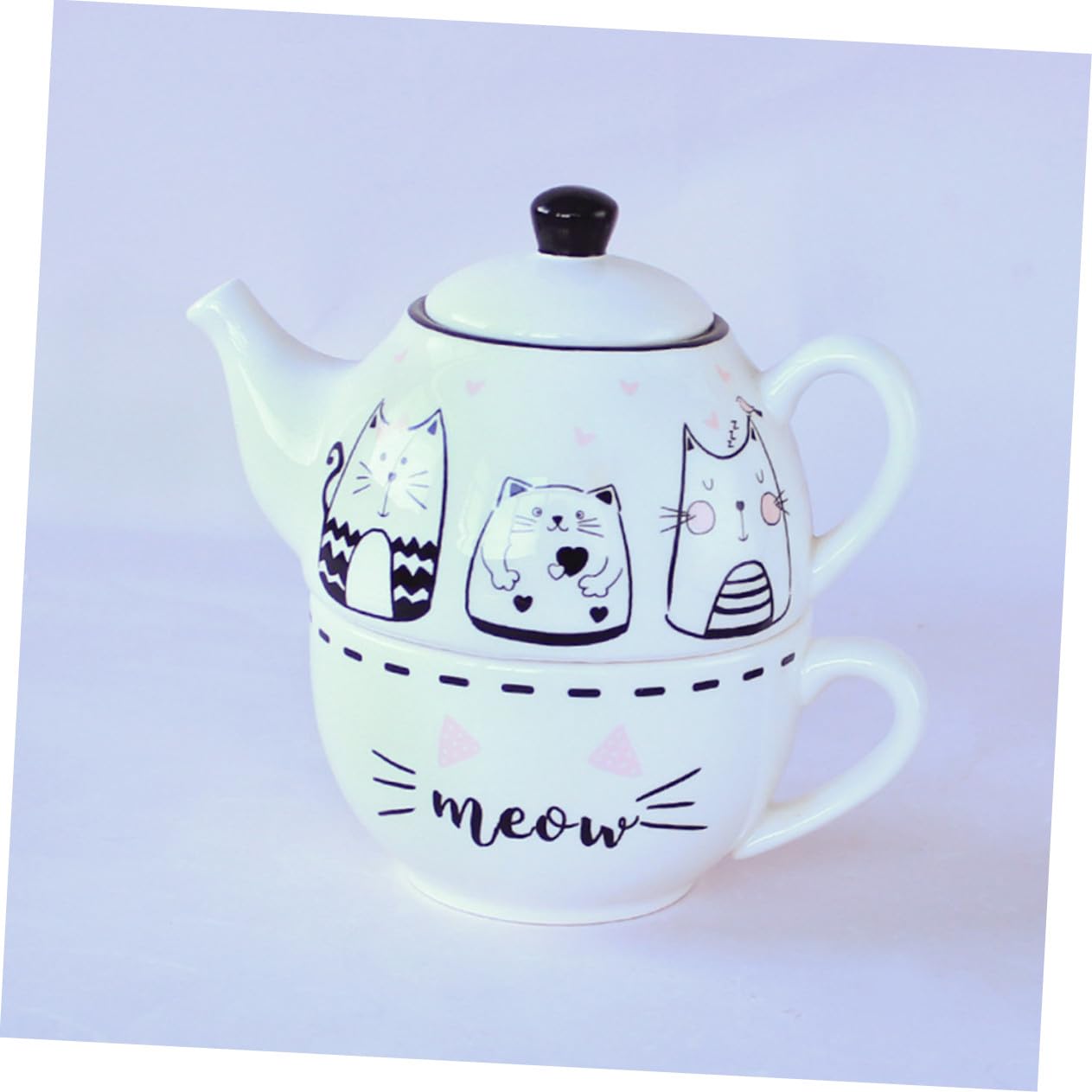 Toyvian Juego de Té de Cerámica Tetera y Taza en Blanco Diseño de Gato Adorable, Adecuado para Decoración del Hogar y Aficionados al Té