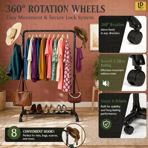 Image of LEOPAX Multipurpose Tree Coat Hanger Stand with Cloth Rail and Hooks, Durable Clothes Rack Organizer for Hanging Clothes, Bags and Accessories for Home, Living Room and Bedroom - Black