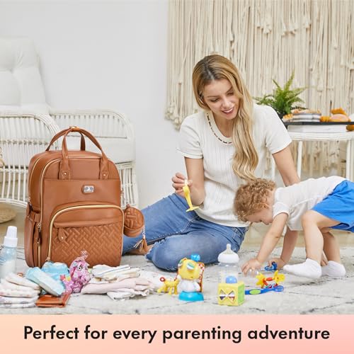 Image of Dikaslon Leather Diaper Bag Backpack with Portable Changing Pad, Pacifier Case and Stroller Straps, Large Unisex Baby Bags for Boys Girls, Multipurpose Travel Back Pack for Moms Dads, Dark Brown