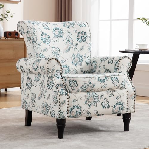 HCHAIRH Floral Wingback Accent Chairs for Living Room, Comfy Upholstered Armchair with Removable Cushion Reading Chair with Nailhead Trim and Wood Legs, Single Sofa Chair for Bedroom, Green Floral