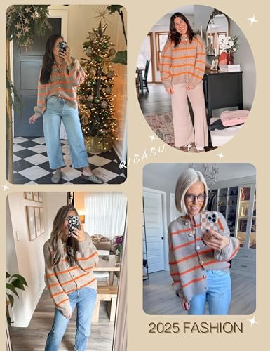 QIBABU Womens Striped Cardigan Sweaters Casual Open Front Long Sleeve Button Down Knit Outwear4