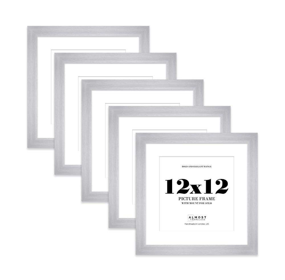12x12" Silver Square Frame With Mount for 10x10" Pictures 28mm Edge Frame Display with Wall Hooks and Kickstand, 5 Pack