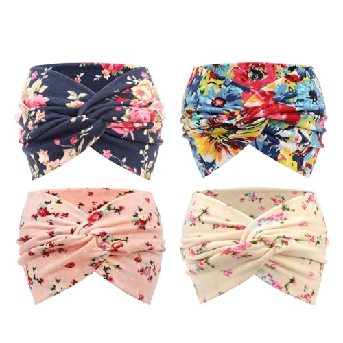 Image of DRESHOW 4 Pack Turban Headbands for Women Wide Vintage Head Wraps Knotted Cute Hair Band Accessories