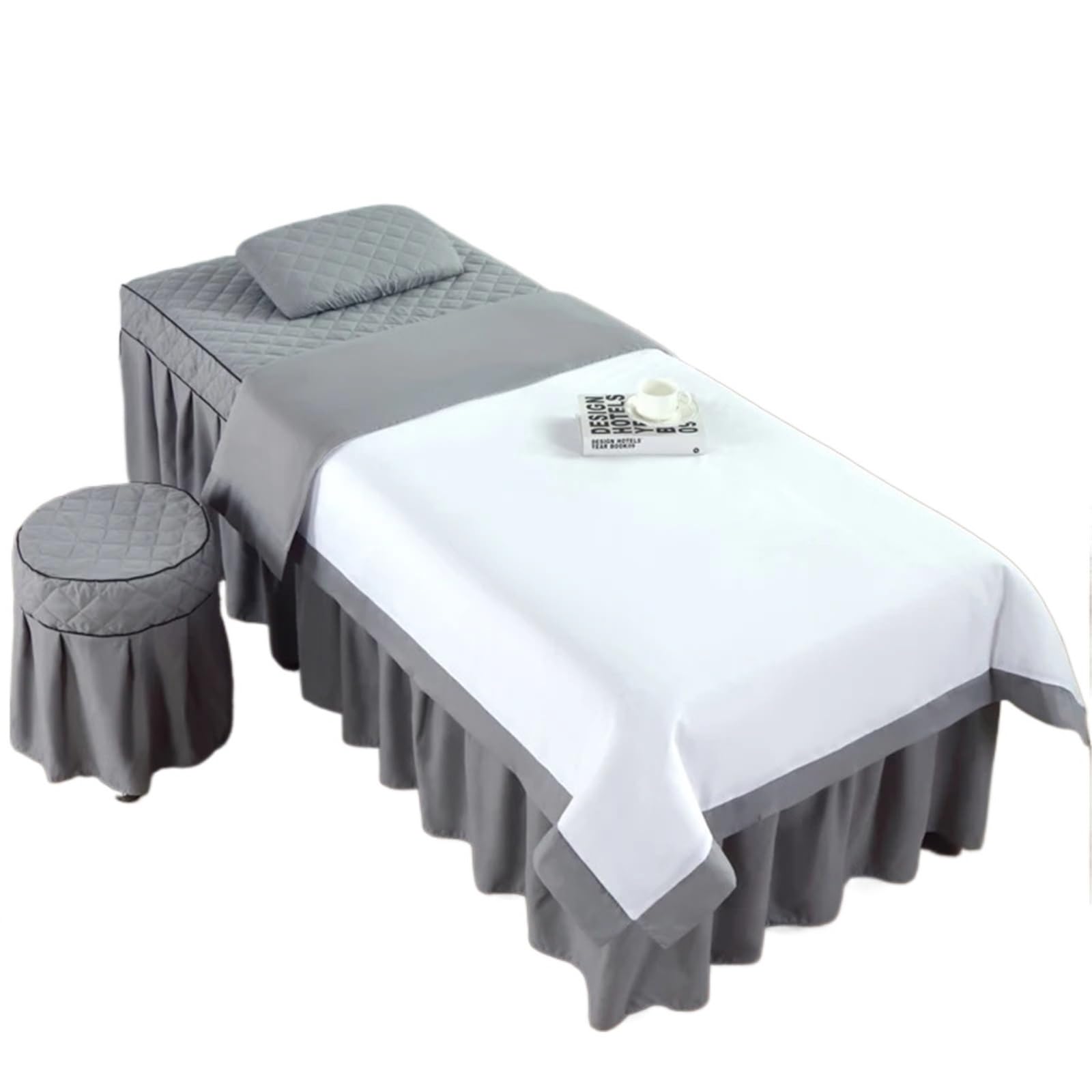 GCYEIDMA Beauty Salon Bed Cover Sets 4pcs Massage Spa Bed Cover Bedspread Pillowcase Stool Club Salon Sets(White grey,190x70)