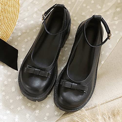 UniqueStride Women's Retro Platform Ankle Strap Round Toe Chunky High Heel Pumps Buckle Bow Dress Shoes3