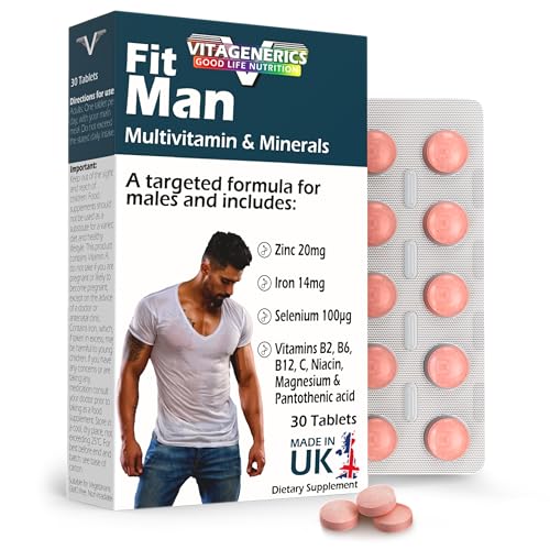VITAGENERICS FitMan High Strength Multivitamin & Minerals | 30 Tablets| with Zinc, Iron, Biotin, Vitamin D, Magnesium, B-Complex & More! UK Made Supplement for Men