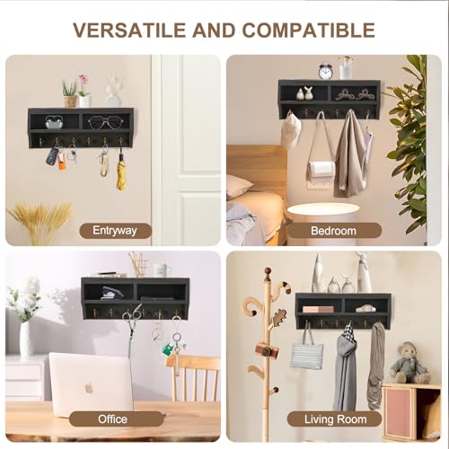 Image of Key Holder Wall Mount - Mail Organizer Wall Mount with 6 Key Hooks and Storage Box for Sunglasses Storage and Dog Leash Holder Home Decor Rack Apartment Farmhouse Shelf Entryway Organizer (Black)