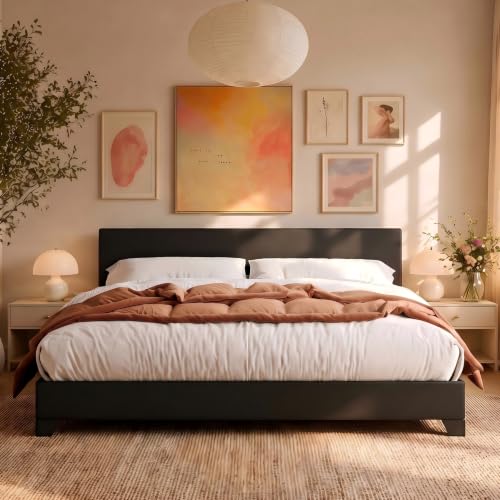Image of Allewie King Size Faux Leather Bed Frame, Adjustable Headboard, Black