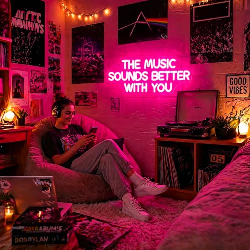 Image of Neon Sign, The Music Sounds Better with You Neon Signs for Wall Decor Neon Pink LED Signs Room Neon Light Up Signs Home Decor for Business Bedroom Club Party Bars Shop USB Operated