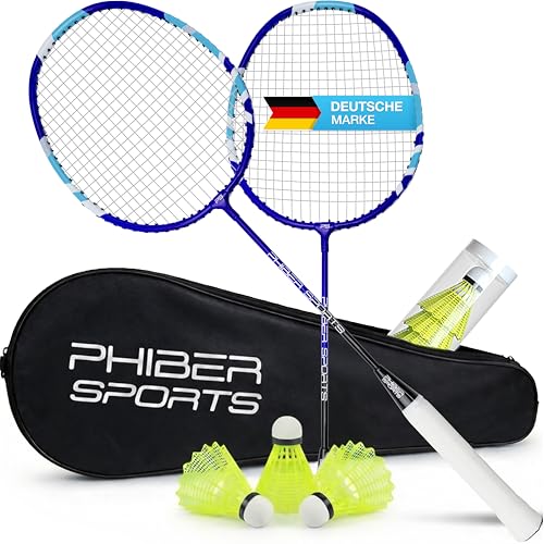 PHIBER-SPORTS Badminton Schläger Set - 2X Badmintonschläger + 3X Federbälle + Tasche - Robustes Federball Set für Garten & Park - Ideal für Anfänger & Profis (Badminton Schläger Set)